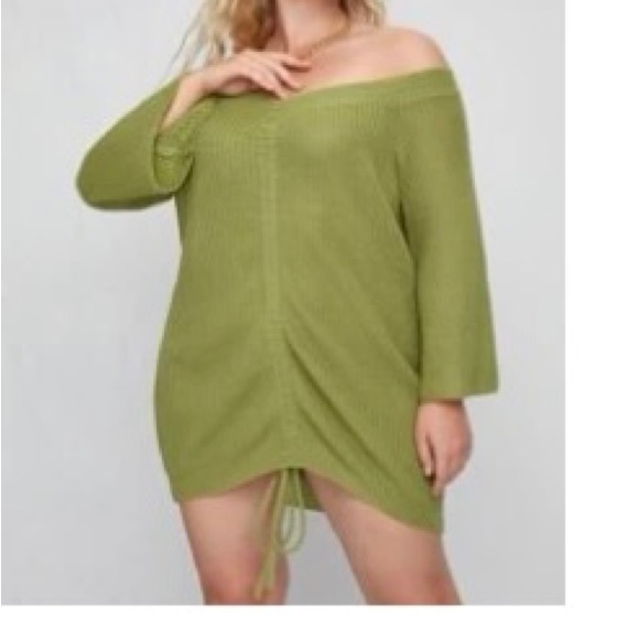 Plus Off Shoulder Drawstring Ruched Front Ribbed Knit Sweater Dress - Picture 4 of 4